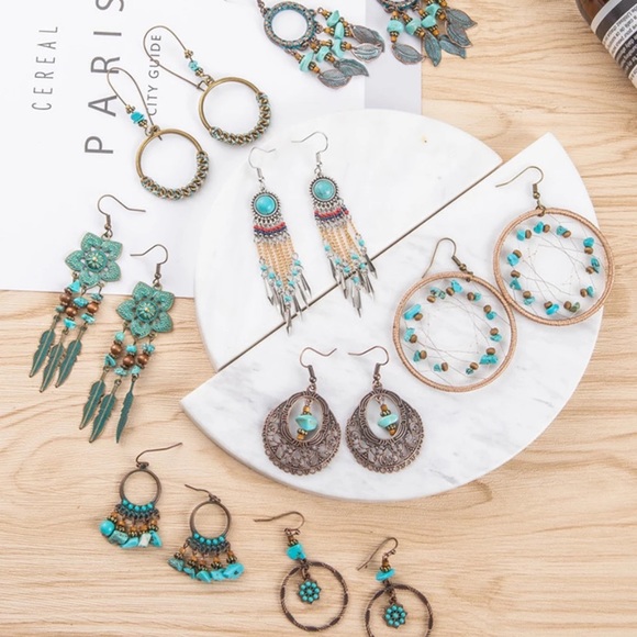 SOLD OUT Western Bohemian Turquoise Dream Catcher Earrings - Picture 2 of 3